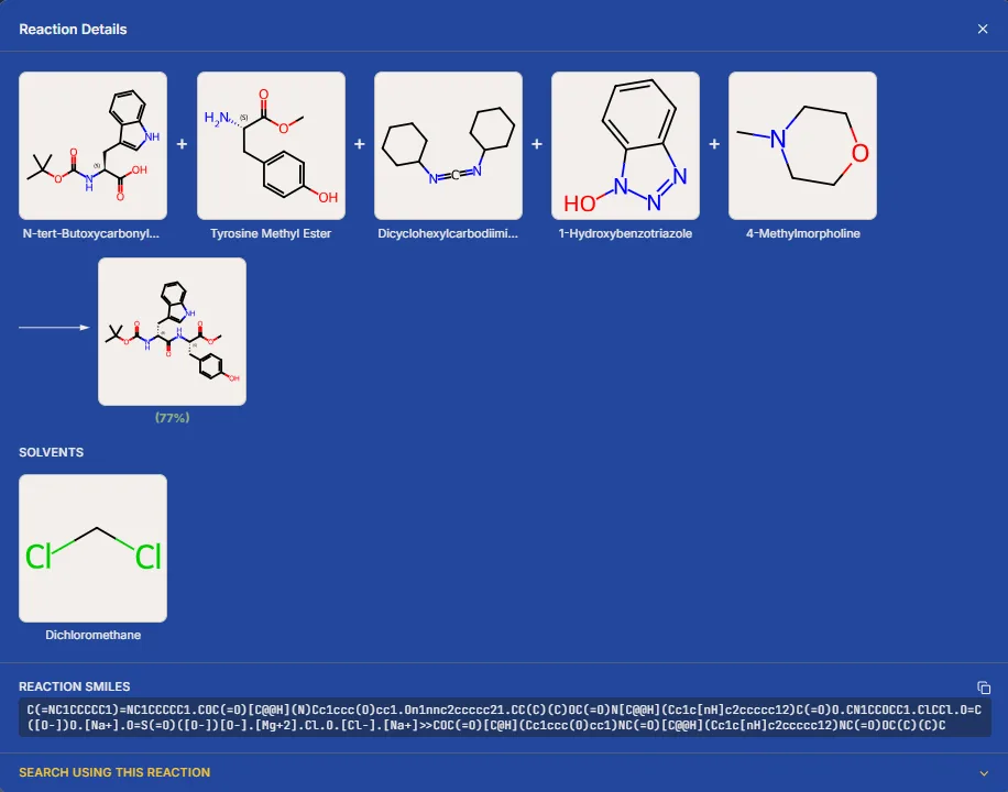 Saguaro Chem Reaction Details panel for the Boc-Trp-OH + H-Tyr-OMe coupling