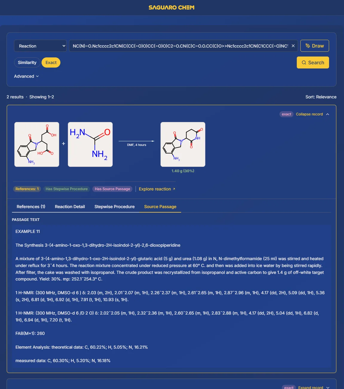 Saguaro Chem reaction search results